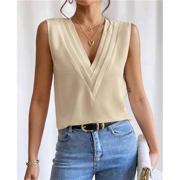 🌸 Elegant V-Neck Layered Blouse for Women – Sleeveless Solid Top - Picture 6 of 6
